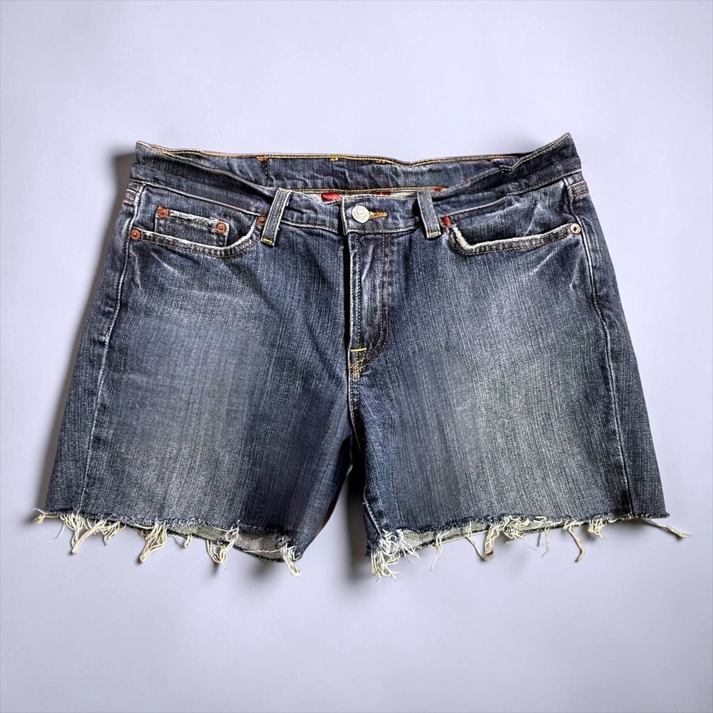 Lucky Brand Classic Rider Denim Shorts Dark Wash Raw Hem Size 12/31 Womens